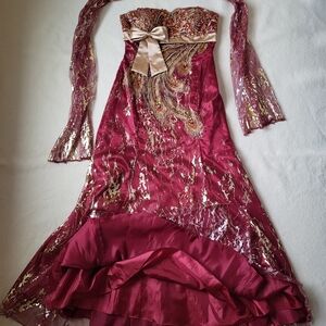 Vintage 90s Red Peacock Maxi Dress Strapless Formal Gown Size 12 By May Queen